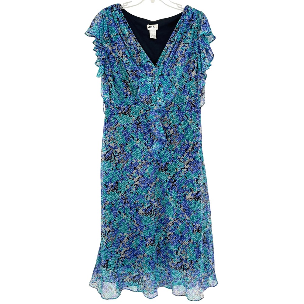 JBS Ltd Blue Green Mosaic Chiffon Ruffle Dress Flutter Sleeve Plus 16W